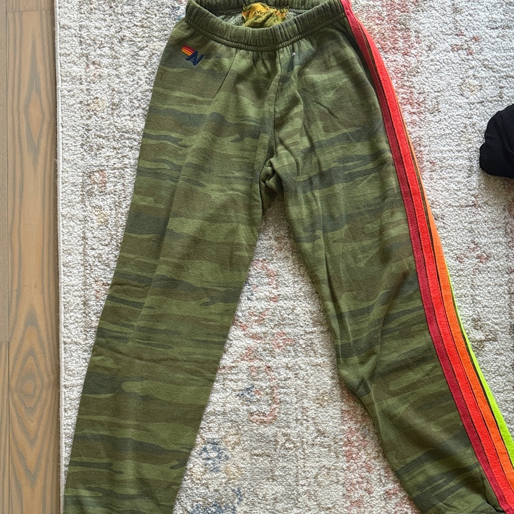 Aviator Nation Green Camo Joggers with Rainbow Side Stripe